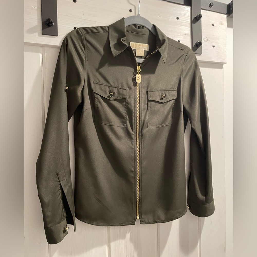 Michael Kors Army Green Zip Up Blouse